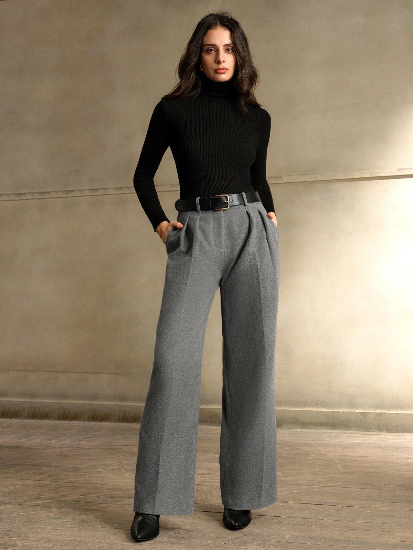 Anewsta High-Waisted Formal Grey Loose Trousers With Belt
