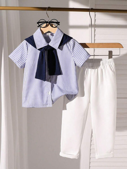 Boys' Long Sleeve Collared Shirt Design With Front Buttons, Matching Longer Pants And Shawl