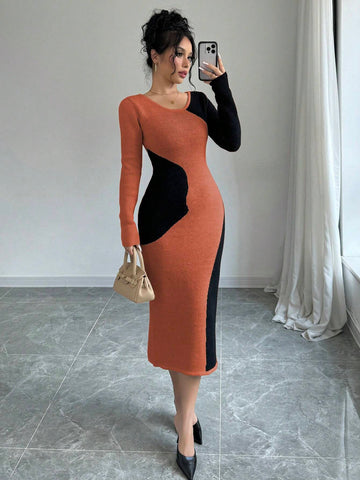 Elenzya Women's Colorblock Round Neck Long Sleeve Maxi Sweater Dress