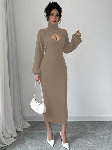 Raffinéa V-Neck Sleeveless Sweater Dress + High Neck Cropped Lantern Sleeve Pullover Sweater Set