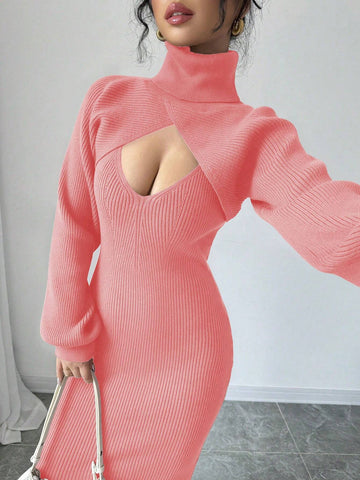 Raffinéa V-Neck Sleeveless Sweater Dress + High Neck Cropped Lantern Sleeve Pullover Sweater Set