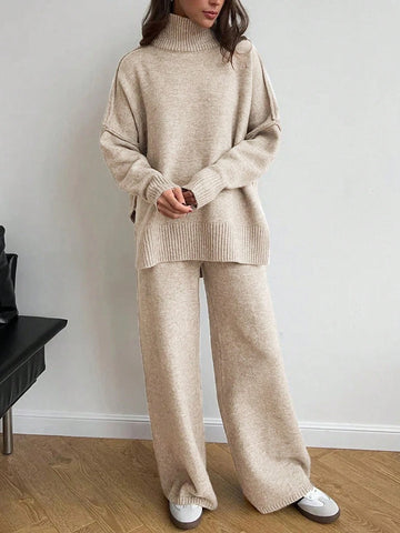 INAWLY 2 Piece Set Women Stand Collar Solid Color Sweater And Long Pants