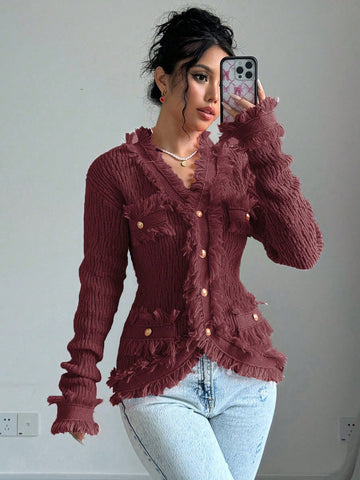 Elenzga Women's Christmas Festive Red Fringe Trim Cardigan