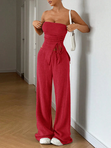 EZwear 2pcs Women Plain Color Asymmetrical Hem Pleated Drawstring Bandeau Top And Long Pants Set