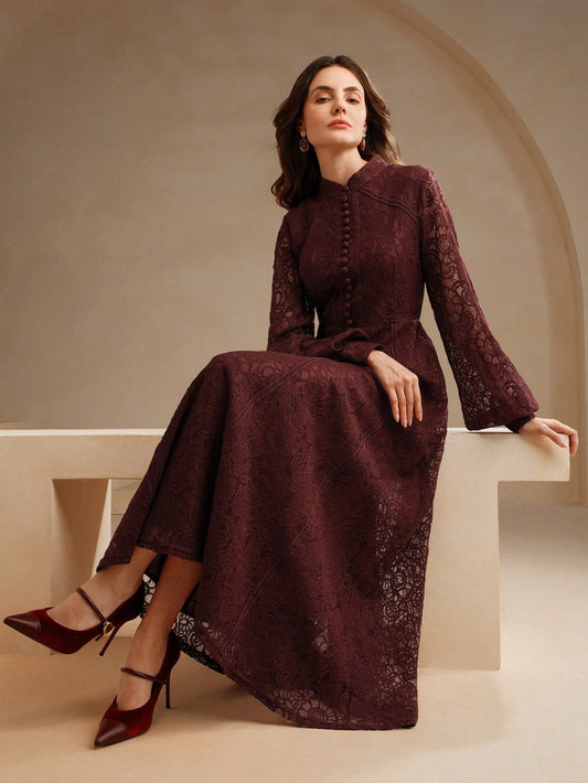 Anewsta Women's Long Sleeve Lace Burgundy Dress Maxi Women Outfit