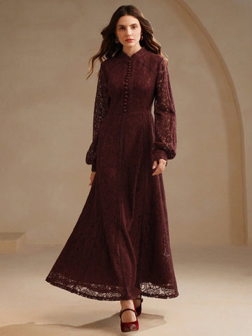 Anewsta Women's Long Sleeve Lace Burgundy Dress Maxi Women Outfit