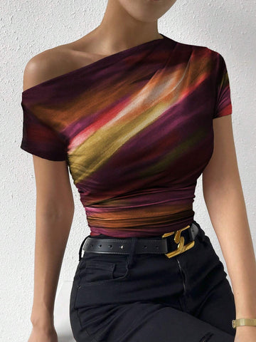 Rafferiza Tie-Dye Print Asymmetrical Ruched T-Shirt
