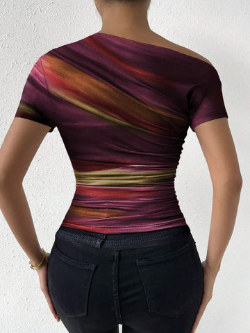 Rafferiza Tie-Dye Print Asymmetrical Ruched T-Shirt