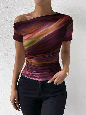 Rafferiza Tie-Dye Print Asymmetrical Ruched T-Shirt