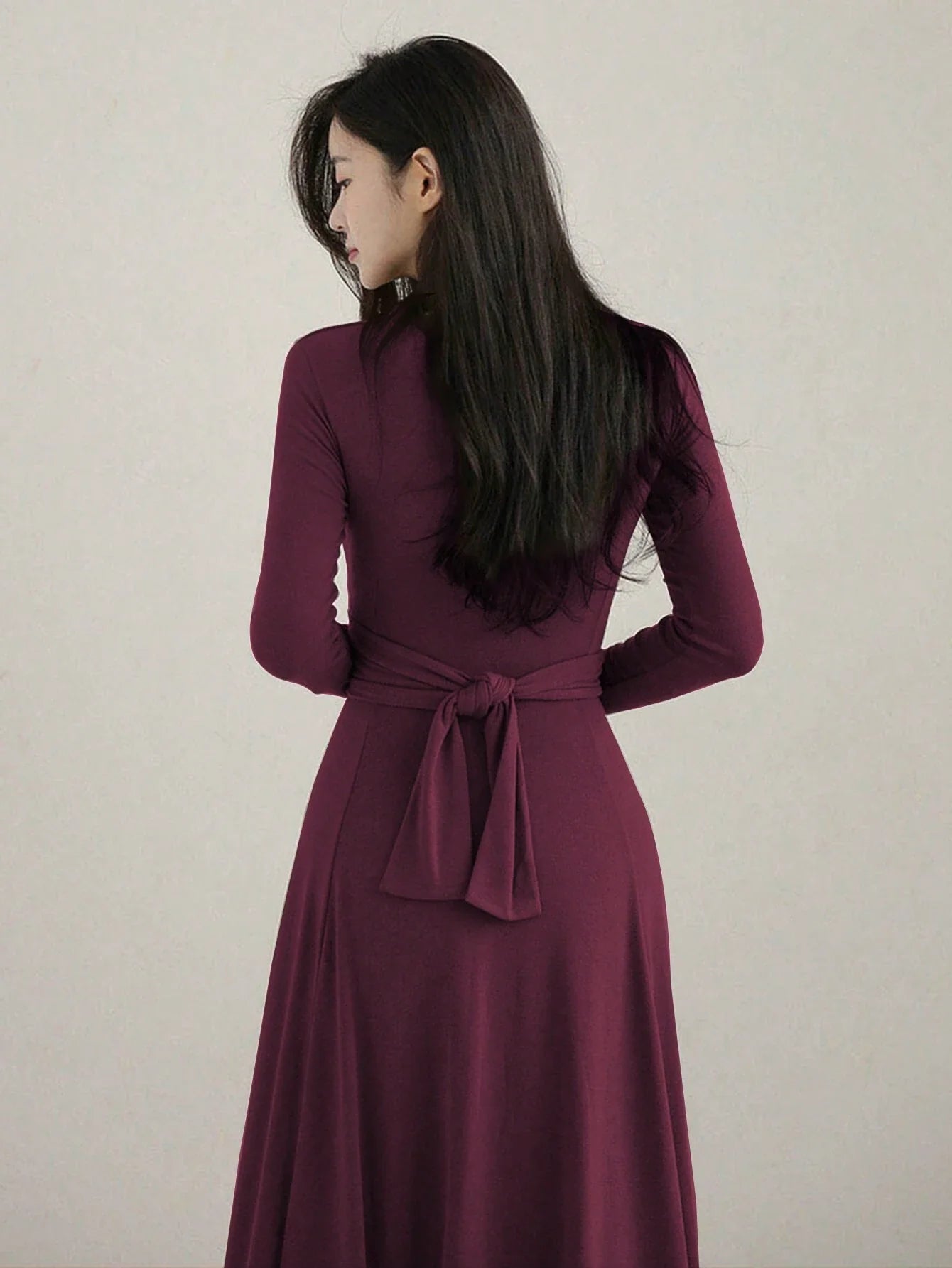 DAZY Ladies' V-Neck Slim Fit Waist Belted Mid-Length Dress