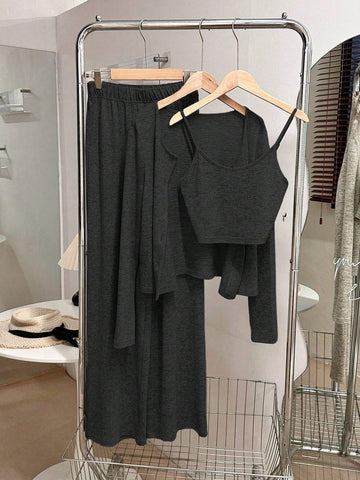 3pcs/Set Women Casual Everyday Matching Camisole, Long Sleeve Cardigan And Elastic Waist Straight Pants