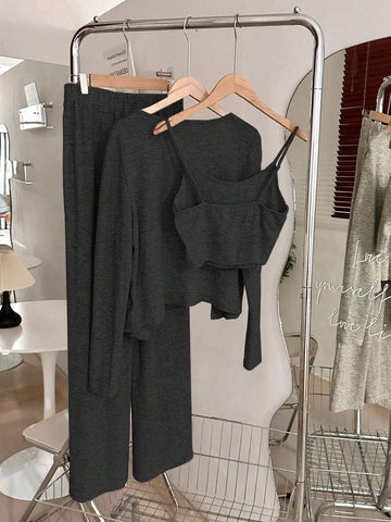 3pcs/Set Women Casual Everyday Matching Camisole, Long Sleeve Cardigan And Elastic Waist Straight Pants