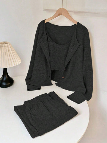 3pcs/Set Women Casual Everyday Matching Camisole, Long Sleeve Cardigan And Elastic Waist Straight Pants