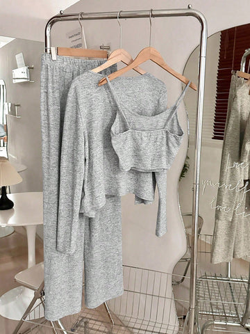 3pcs/Set Women Casual Everyday Matching Camisole, Long Sleeve Cardigan And Elastic Waist Straight Pants