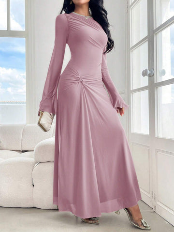 Modely Women's Solid Color Crew Neck Long Sleeve Twist Waist Maxi Elegant Dress