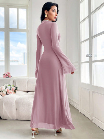 Modely Women's Solid Color Crew Neck Long Sleeve Twist Waist Maxi Elegant Dress