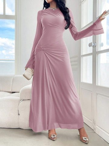 Modely Women's Solid Color Crew Neck Long Sleeve Twist Waist Maxi Elegant Dress