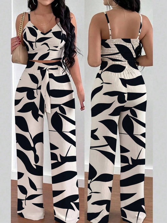 Women Spaghetti Strap Elastic Camisole Top And Wide Leg Pants
