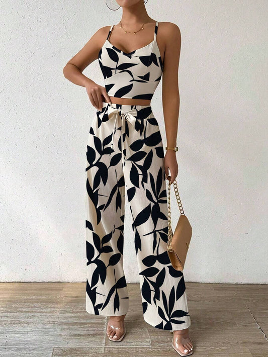 Women Spaghetti Strap Elastic Camisole Top And Wide Leg Pants