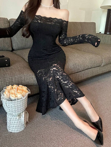 Women's Lace Panel Long Party Dress Elegant,Ruffle