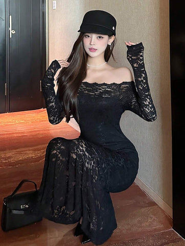 Women's Lace Panel Long Party Dress Elegant,Ruffle