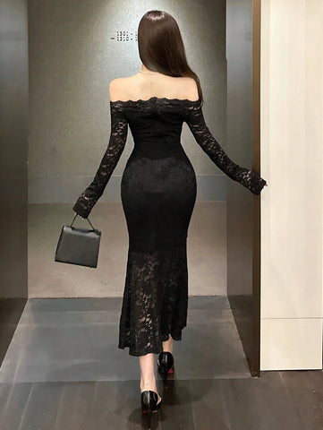 Women's Lace Panel Long Party Dress Elegant,Ruffle