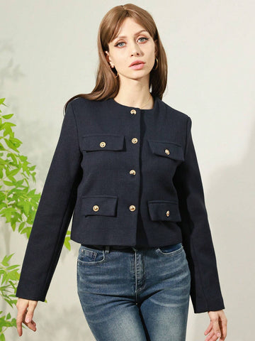 Women's Elegant Casual Tweed Jacket Round Neckline Decorated Long Sleeves Solid Colour Coat