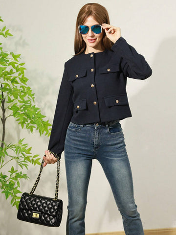 Women's Elegant Casual Tweed Jacket Round Neckline Decorated Long Sleeves Solid Colour Coat