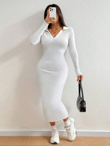 MOOSTA Women's Colorblock Collar Long Sleeve Fitted Elegant Knitted Sweater Dress