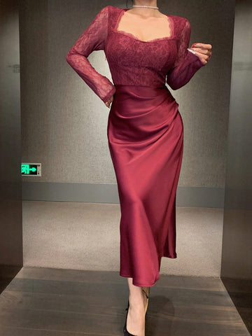 DAZY Lace Patchwork Square Neck Long Sleeve Pleated Women Midi Dress