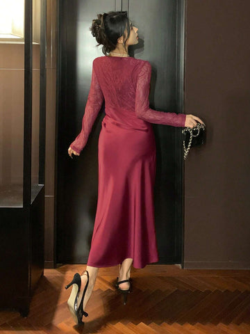 DAZY Lace Patchwork Square Neck Long Sleeve Pleated Women Midi Dress