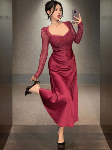 DAZY Lace Patchwork Square Neck Long Sleeve Pleated Women Midi Dress