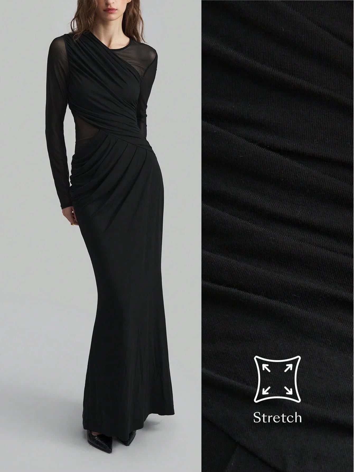 Mesh Splice Ruched Fishtail Extra Long Elegant Dress