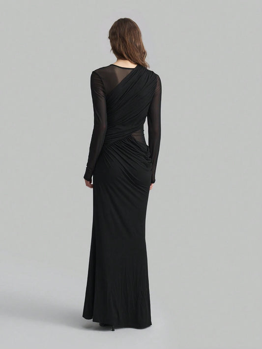 Mesh Splice Ruched Fishtail Extra Long Elegant Dress