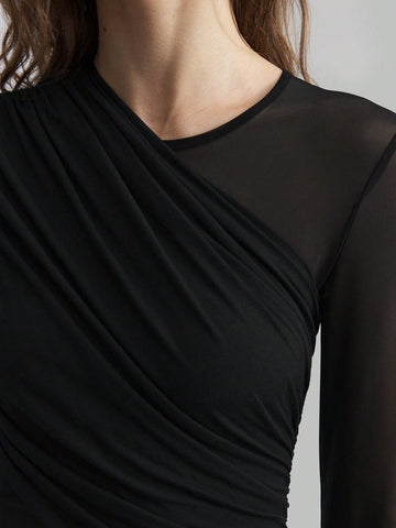 Mesh Splice Ruched Fishtail Extra Long Elegant Dress