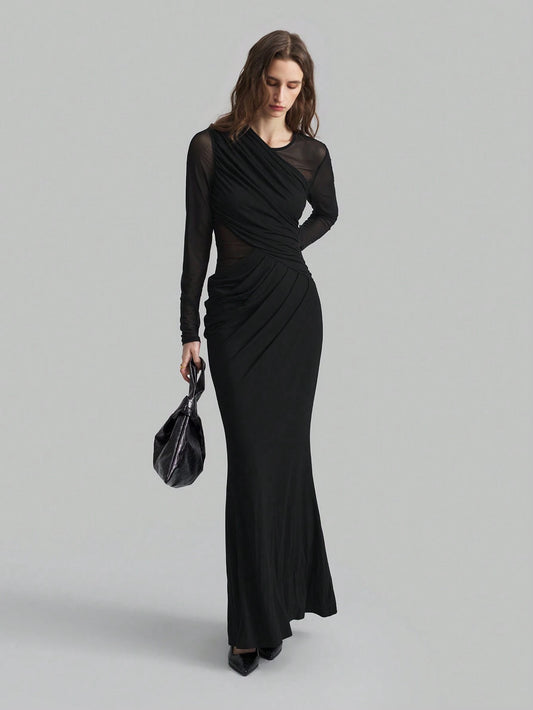 Mesh Splice Ruched Fishtail Extra Long Elegant Dress