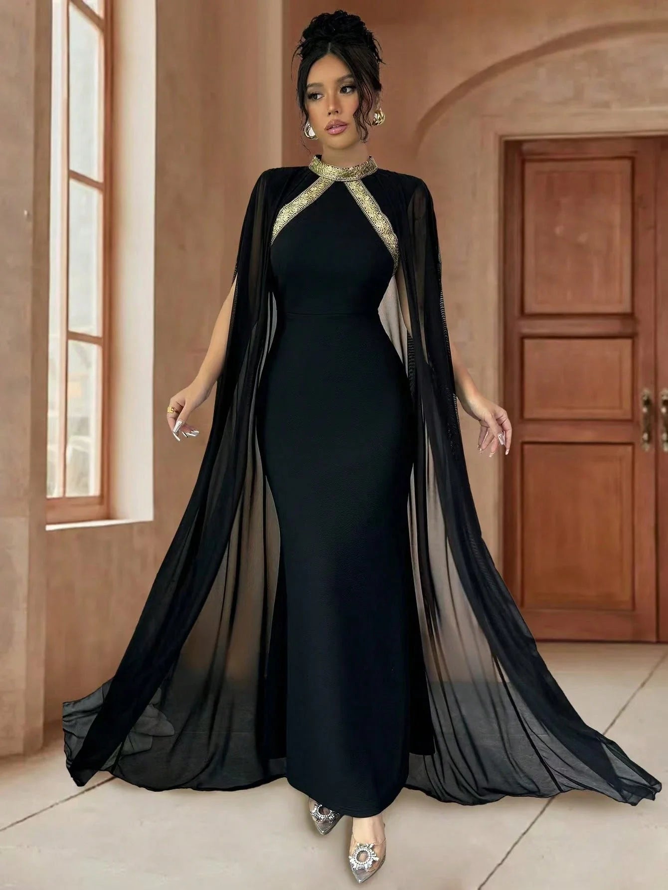 Elenzga Color Block Decor Stand Collar Elegant Batwing Sleeve Mermaid Hem Fashion Dress