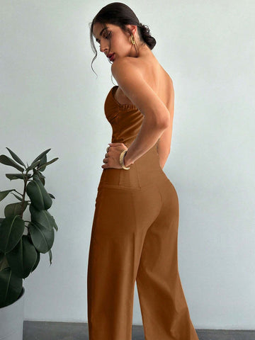 Women's Elegant Design Asymmetrical Fitted Tube Top & High Waist Faux Boned Straight Leg Pants