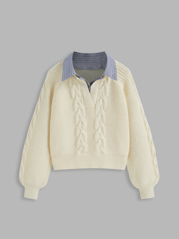 Cable Knit Collar Two Tone Long Sleeve Top