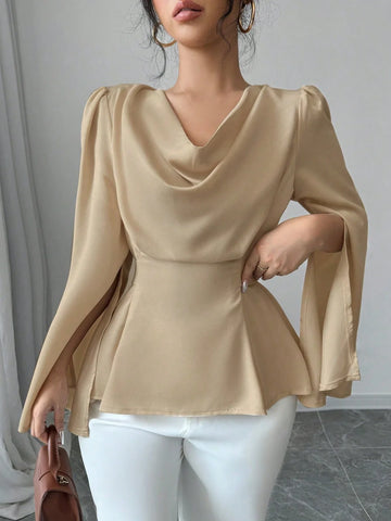 Elenzga Women's Solid Color Lapel Split Long Sleeve Elegant Blouse