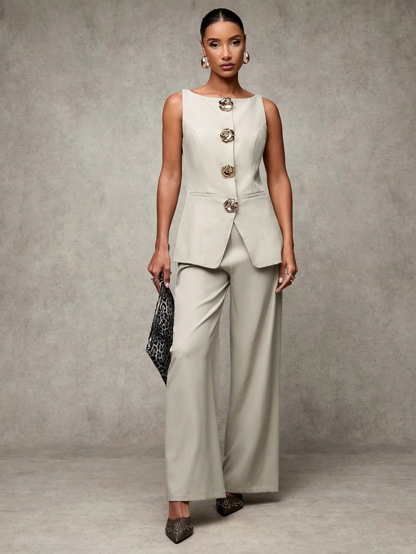 BAE Women's Solid Color Round Neck Single-Breasted Vest And Pants