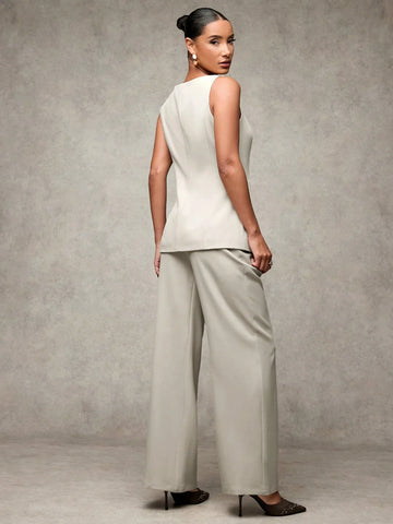 BAE Women's Solid Color Round Neck Single-Breasted Vest And Pants