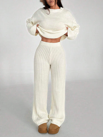 MOOSTA Solid Color Drop Shoulder Sweater And Knitted Wide Leg Pants