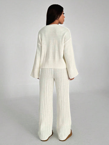 MOOSTA Solid Color Drop Shoulder Sweater And Knitted Wide Leg Pants