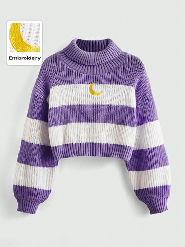 ROMWE Kawaii High Neck Striped Drop Shoulder Sweater With Moon Embroidery