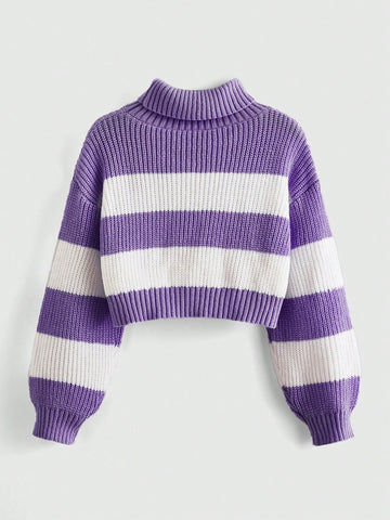 ROMWE Kawaii High Neck Striped Drop Shoulder Sweater With Moon Embroidery