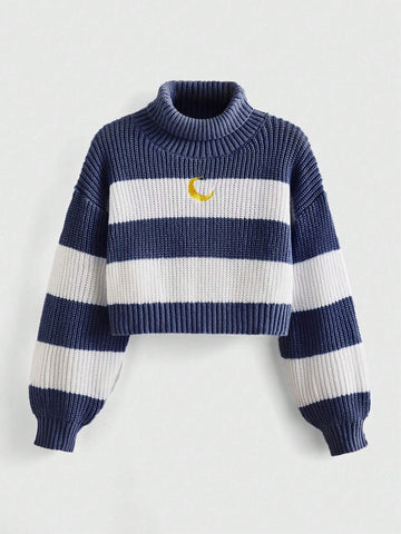 ROMWE Kawaii High Neck Striped Drop Shoulder Sweater With Moon Embroidery