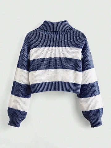 ROMWE Kawaii High Neck Striped Drop Shoulder Sweater With Moon Embroidery