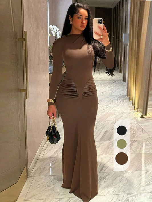 Fashionable Pleated Round Neck Long Sleeve Bodycon Dress