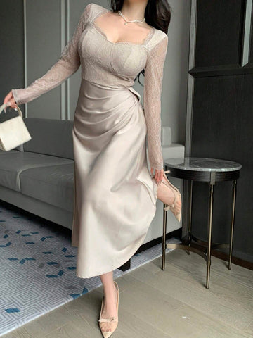 DAZY Lace Patchwork Square Neck Long Sleeve Pleated Women Midi Dress
